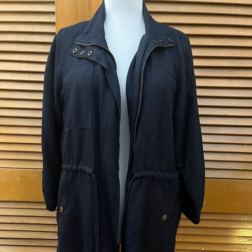 Joan Vass Linen Dolman Sleeve Safari Jacket - Navy - Large